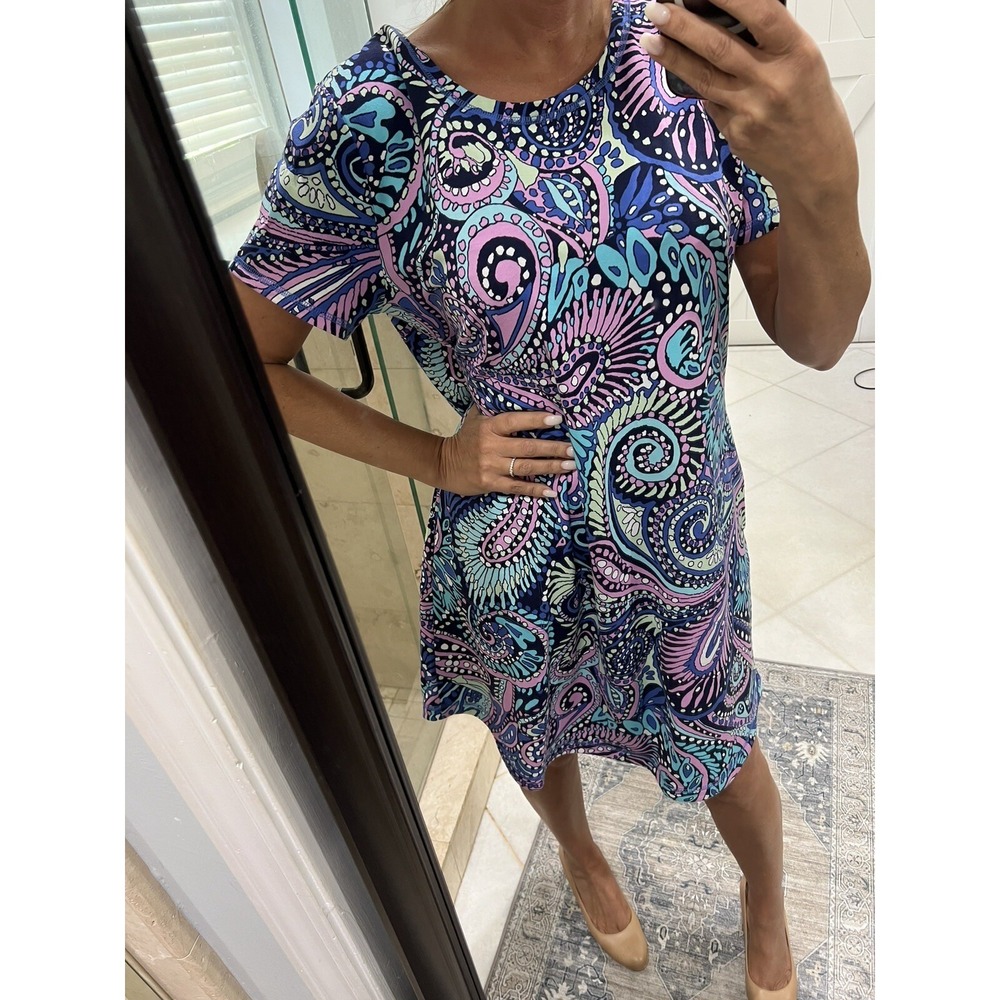 Talbots Petite PXL Paisley Sheath Dress Blue Pink Short Sleeve Knee Length